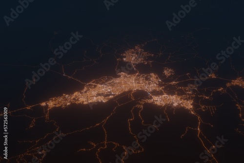 Aerial shot of Barquisimeto (Venezuela) at night, view from south. Imitation of satellite view on modern city with street lights and glow effect. 3d render photo