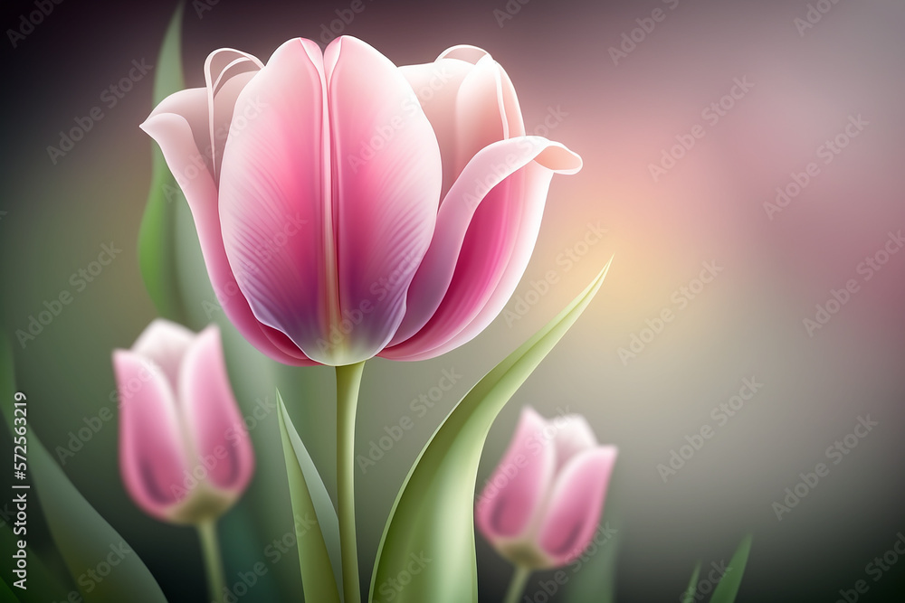 Fototapeta premium Beautiful pink tulips on a blurry background. Spring background. Generative AI 