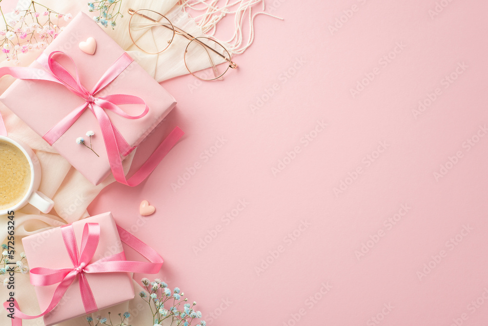 Saint Valentine's Day concept. Top view photo of pink present boxes white scarf stylish glasses cup of coffee small hearts and gypsophila flowers on isolated pastel pink background with copyspace Saint Valentine's Day concept. Top view photo of pink present boxes white scarf stylish glasses cup of coffee small hearts and gypsophila flowers on isolated pastel pink background with copyspace