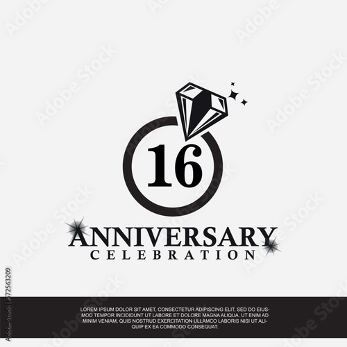 16th year anniversary celebration logo with black color wedding ring vector abstract design 