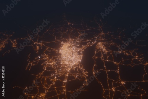 Aerial shot of Mandalay (Myanmar) at night, view from north. Imitation of satellite view on modern city with street lights and glow effect. 3d render