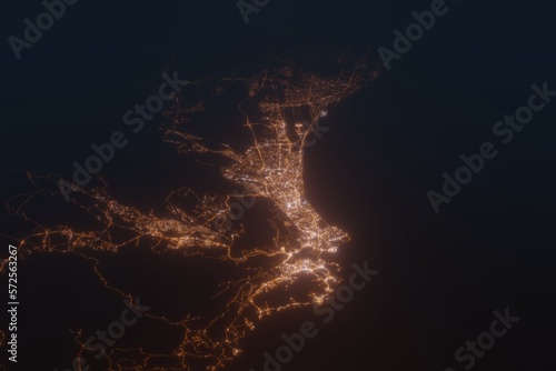 Aerial shot on Mascat (Oman) at night, view from east. Imitation of satellite view on modern city with street lights and glow effect. 3d render photo