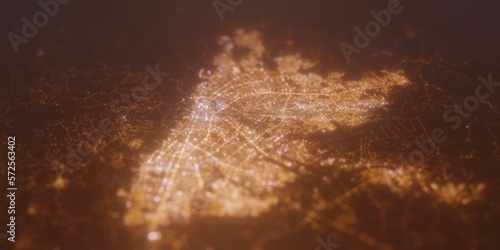 Street lights map of Bogota (Colombia) with tilt-shift effect, view from north. Imitation of macro shot with blurred background. 3d render, selective focus