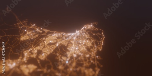 Street lights map of Port Elizabeth (South Africa) with tilt-shift effect, view from west. Imitation of macro shot with blurred background. 3d render, selective focus