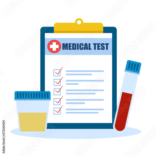 Medical test report with urine and blood samples in flat design on white background.