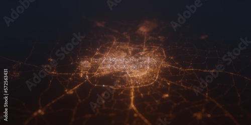 Street lights map of Ahmedabad (India) with tilt-shift effect, view from south. Imitation of macro shot with blurred background. 3d render, selective focus