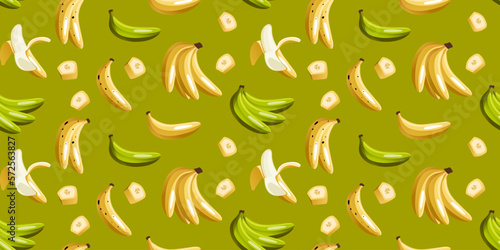 Cartoon seamless pattern with juicy bananas on white background. Tropical trendy fruits. Vector contrast pattern for fabrics, wallpapers and your creativity.