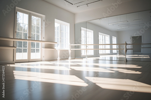 Empty ballet classroom with large windows.Photorealistic image created by AI