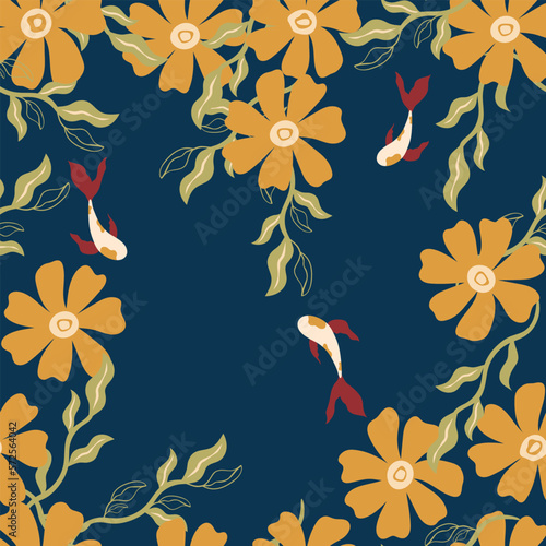 Seamless illustration with flowers and fish. Fabulous World. Perfect for wallpaper, gift paper, pattern filler, web page background, greeting cards. Vector illustration.