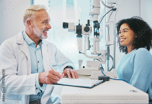 Eye exam, consulting and smile with doctor and black woman for healthcare, ophthalmology and medical. Glaucoma, laser and wellness with patient and optometrist in clinic for vision, checklist or help