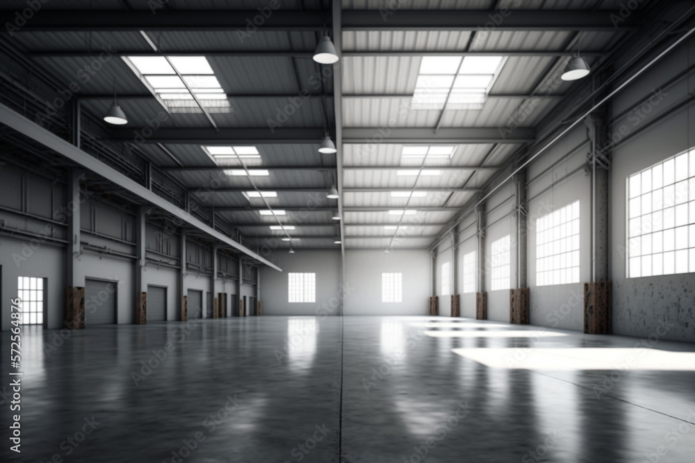 warehouse with ample natural light, featuring large windows, skylights, or translucent roof panels that help reduce energy consumption and create a more pleasant working environment Generative AI warehouse with ample natural light, featuring large windows, skylights, or translucent roof panels that help reduce energy consumption and create a more pleasant working environment Generative AI