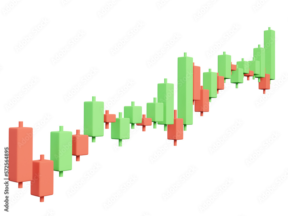 3d rendering Candlestick chart isolated on white background. financial and stock markets, Minimal concept trading cryptocurrency, investment trading, exchange, isometric, financial index, 3D Bullish.
