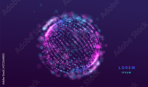 Futuristic ai tech particles dotted glowing abstract background. Neon splash globe sphere shapes design. Big data technology and science vector.