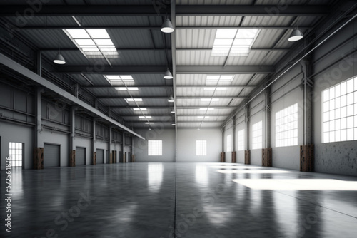 warehouse with ample natural light, featuring large windows, skylights, or translucent roof panels that help reduce energy consumption and create a more pleasant working environment Generative AI