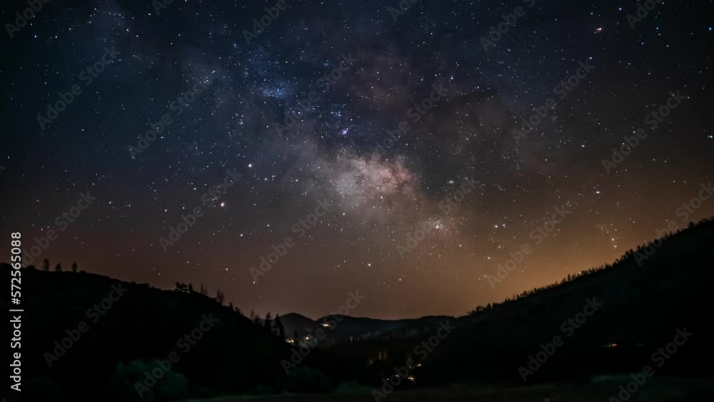Timelapse of starry sky at night. Milky way is visible in the darkness. Evidence of Earth rotation Timelapse of starry sky at night. Milky way is visible in the darkness. Evidence of Earth rotation