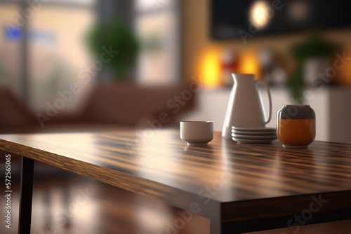 Empty wooden desk table in blurred living room background  made with AI generative