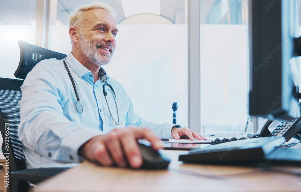 Healthcare, computer and research with a man doctor working in his office at the hospital for diagnosis. Medical, insurance and prescription with a male medicine professional at work in a clinic Healthcare, computer and research with a man doctor working in his office at the hospital for diagnosis. Medical, insurance and prescription with a male medicine professional at work in a clinic