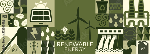 Renewable and sustainable energy development using simple geometric shapes, environmental and ecology idea, vector illustration. Green Energy, recycling and Natural Resource Conservation. vector flyer