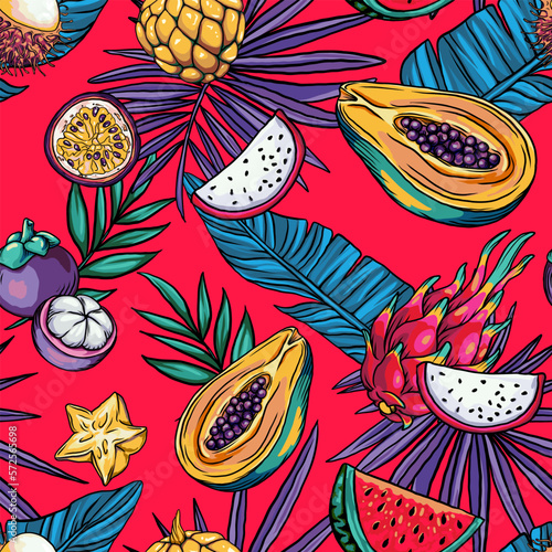 pattern of juicy tropical fruits and palm leaves, Sketch for print on fabric, especially on bag, accessories and design, hand draw colorful fruit mix, summer vibes