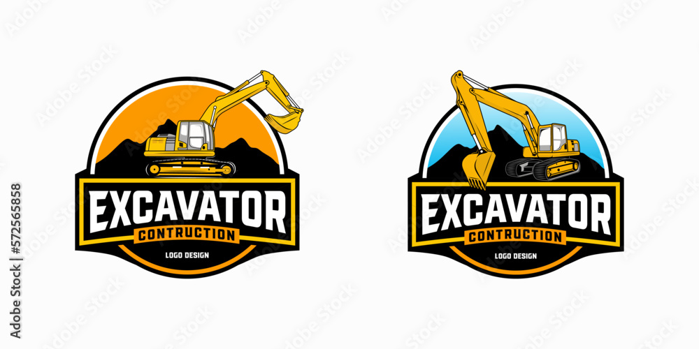 excavator Logo designs with mountain template, heavy equipment construction - earth mover logo vector