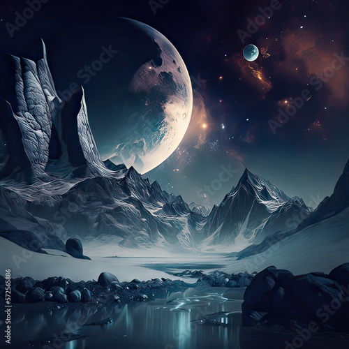 Edge view of the starry sky and the moon on the beach. Sand, mountain landscape, close-up moon, river, high resolution, art, generative artificial intelligence