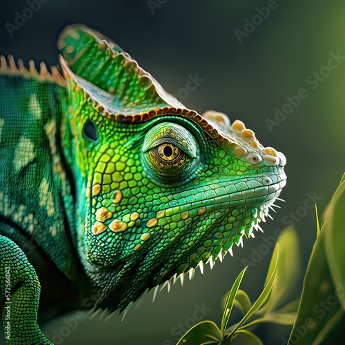 Green chameleon hunting on the background of the forest. wildlife  exotic animals  reptiles  high resolution  art  generative artificial intelligence