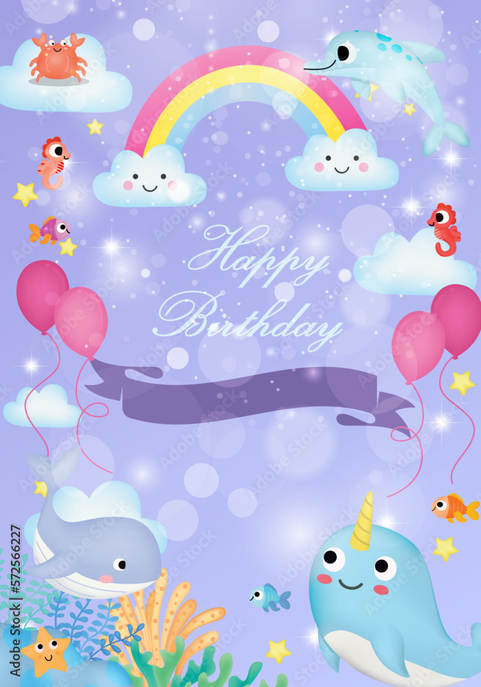 birthday invitation, birthday card cute marine theme sea cute fish, turtle birthday invitation, birthday card cute marine theme sea cute fish, turtle