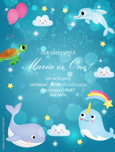 birthday invitation, birthday card, baby show cute marine theme sea cute fish, turtle