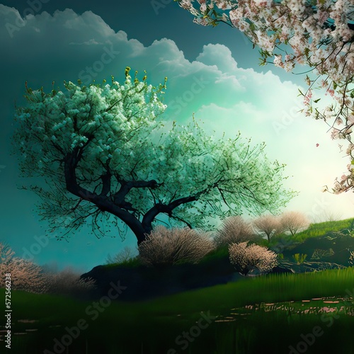 Spring landscape in the early morning. Japanese culture  untouched nature  living plants  natural lighting  high resolution  art  generative artificial intelligence