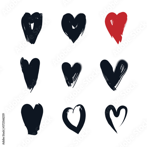 Set of hand drawn hearts Grunge rough heart marker on white background Symbol of love Ink logo icon sign Black brush spray painted colorful design Fashion print clothes greeting invitation card flyer