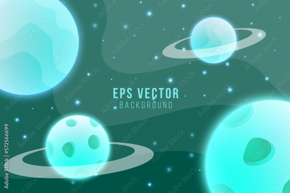 Obraz premium Green turquoise or teal planets in outer space with satellites, falling meteor and asteroids in dark starry sky. Galaxy, cosmos, universe futuristic fantasy