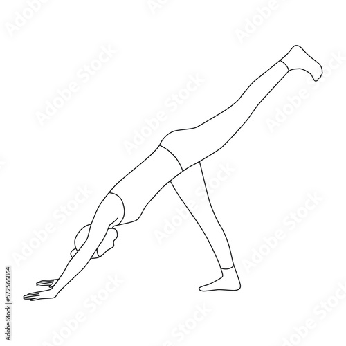 Line art of woman doing Yoga in three legged downward facing dog pose vector.