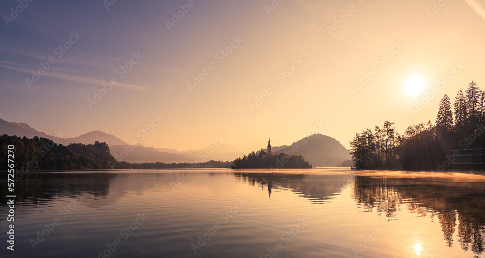 Lake bled in slovenia in the early morning - landscape scene with a lot of copy space