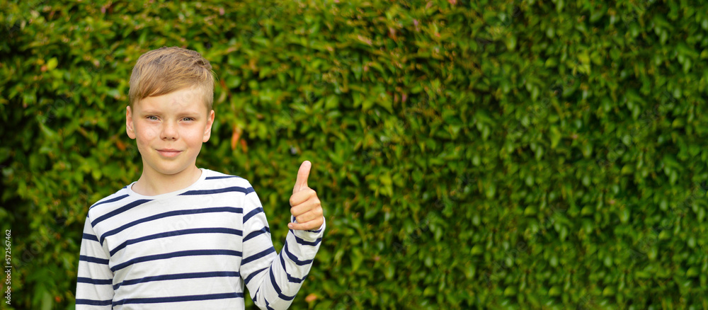 Portrait of a 9 year old boy against the background of green leaves. Copy space. Portrait of a 9 year old boy against the background of green leaves. Copy space.