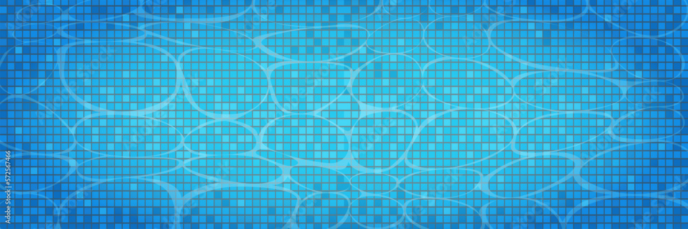 Swimming pool caustics ripple background. Blue swimming pool for backdrop, banner, wallpaper, surface pattern, cover and banner. Swimming pool bottom background. Summer concept, vector illustration