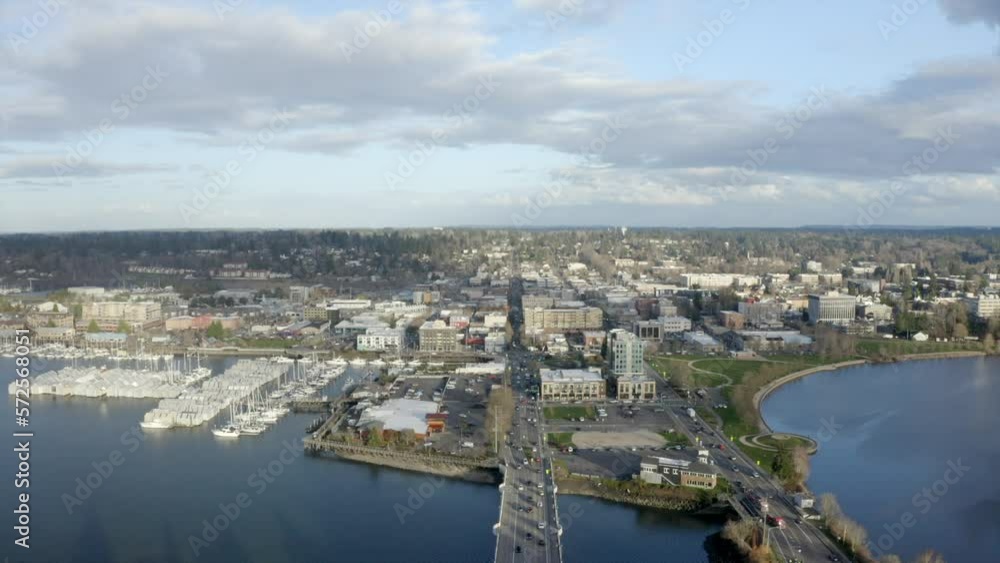 Drone of PNW capital city downtown with marina. PNW waterways. Olympia Washington Puget Sound Drone of PNW capital city downtown with marina. PNW waterways. Olympia Washington Puget Sound