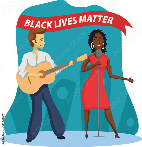 Black Lives Matter, BLM, No Racism, Statement. Young African Americans: man and woman against racism. Black citizens are fighting for equality. 