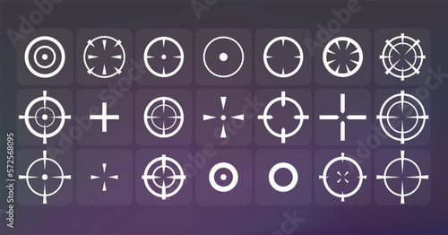 Vector illustration of crosshairs simple icon set isolated on dark background. Target aim and aiming to bullseye signs symbol.
