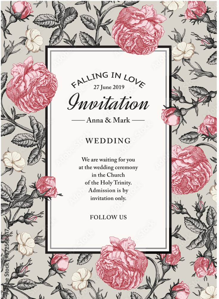 Fototapeta premium Wedding marriage thanks invitation. Beautiful blooming flowers fabric. Vintage greeting card. Frame. Drawing engraving Roses agrostemma isolated floral Wallpaper background Vector baroque Illustration