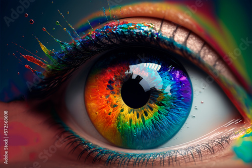 Generative AI, human eye close up with colorful paint , ink splashes and drips