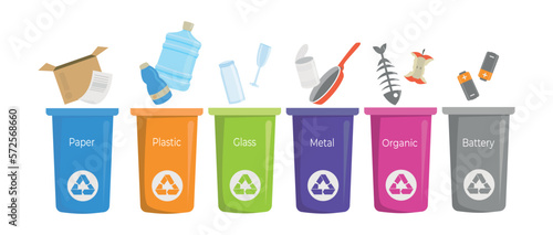 Waste sorting. Various types of garbage. Paper, plastic, scrap metal, glass, organics. Sorting waste for recycling, garbage sorting, recycling bins. 