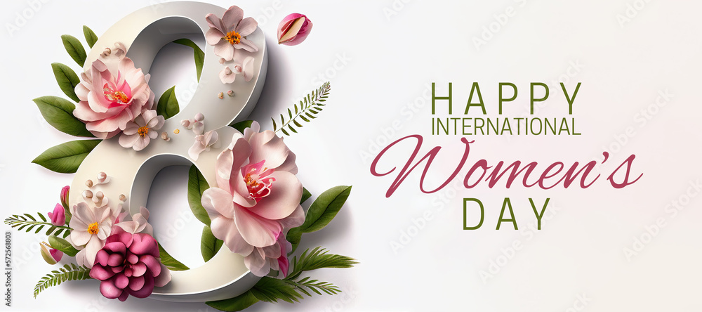 Naklejka premium Celebrate International Women's Day with this beautifully designed banner, featuring a colorful display of pink flowers and the date, March 8th. Generative AI