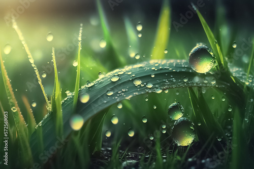 Fresh grass with dew drops close up. Drops of water on the grass, natural wallpaper Raindrops, water, fresh, juicy, beautiful grass close-up. Summer, spring background. generative AI 