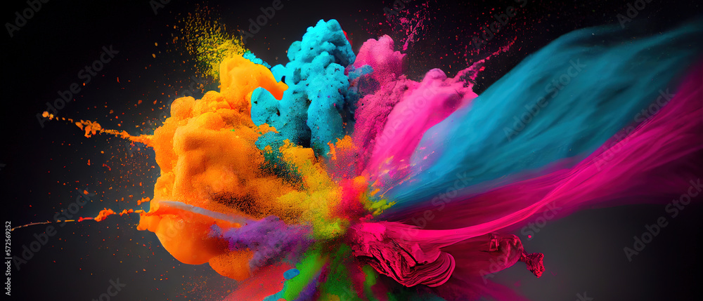 Blown up holi powder in a colorful fashion. Festivities and celebrations associated with Holi. Wide angle format banner background.