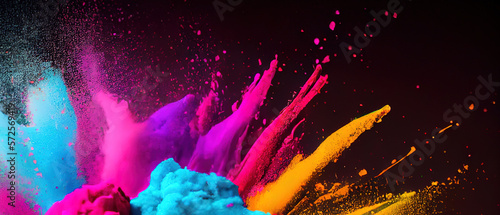 Blown up holi powder in a colorful fashion. Festivities and celebrations associated with Holi. Wide angle format banner background.