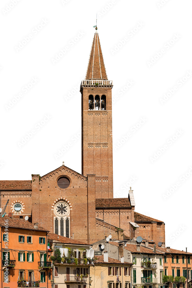 Medieval Basilica of Santa Anastasia in gothic style with the bell tower (1290-1471) , isolated on white or transparent background, Verona downtown, UNESCO world heritage site, Veneto, Italy, Europe