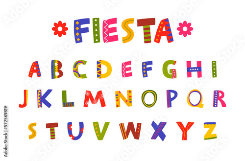 Fiesta font abc English letters Mexican traditional colored ornate vector flat illustration