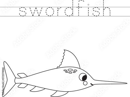 Trace the letters and color cartoon swordfish. Handwriting practice for kids.