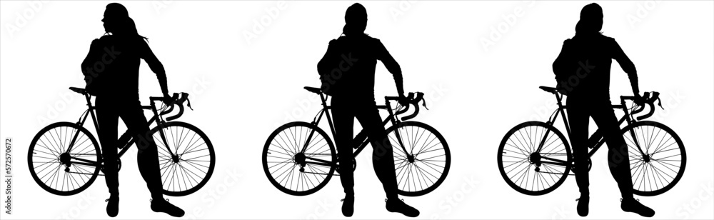 Obraz premium A girl with a large backpack behind her back is standing near the bike. Woman with a bicycle. Bicycle: side view, profile. Character: front view, facing the viewer. Three black silhouettes isolated