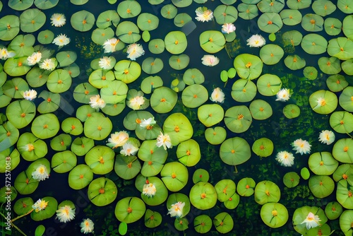 lotus flowers on a pond, overhead shot, generative AI